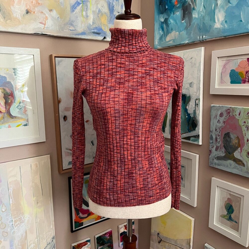 Sundance Artsy Y2K Multicolor Turtleneck Sweater Red Orange Petite Cozy Earthy S